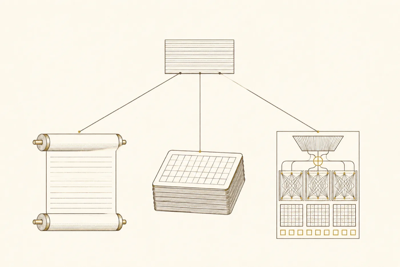 An engraved diagram: one ruled panel at the top standing for a single recorded trace, three fine lines descending from it to a scroll, a stack of record cards ruled into a grid, and a transformer block drawn in cutaway — token cells, query, key and value matrices, three woven attention heads, an add-and-norm circle and a feed-forward trapezoid.