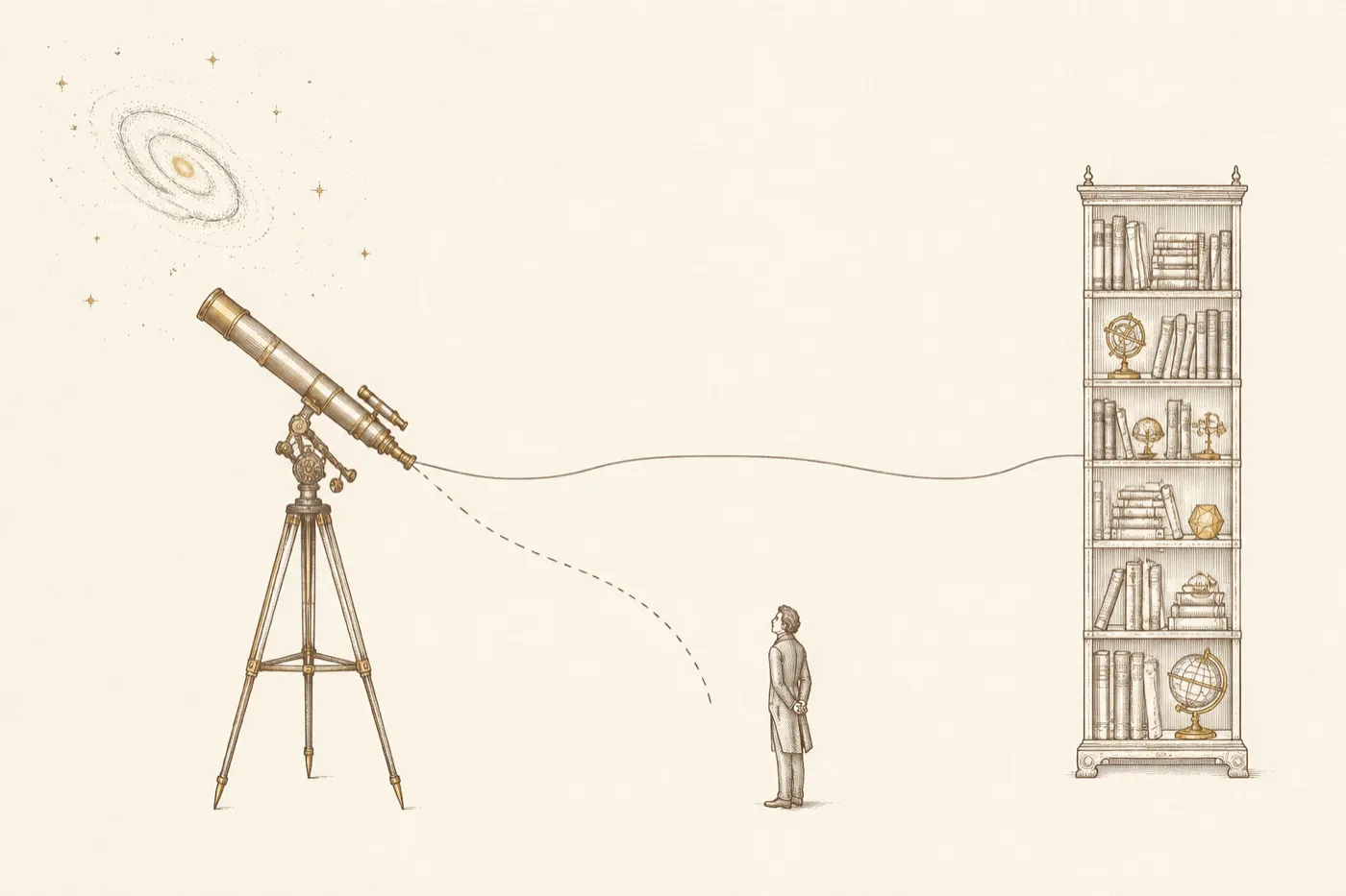 An engraved telescope aimed at a distant spiral galaxy. One continuous line runs from its eyepiece into a tall bookshelf; a second line leaves the same eyepiece toward a small human figure and is drawn broken, stopping short.