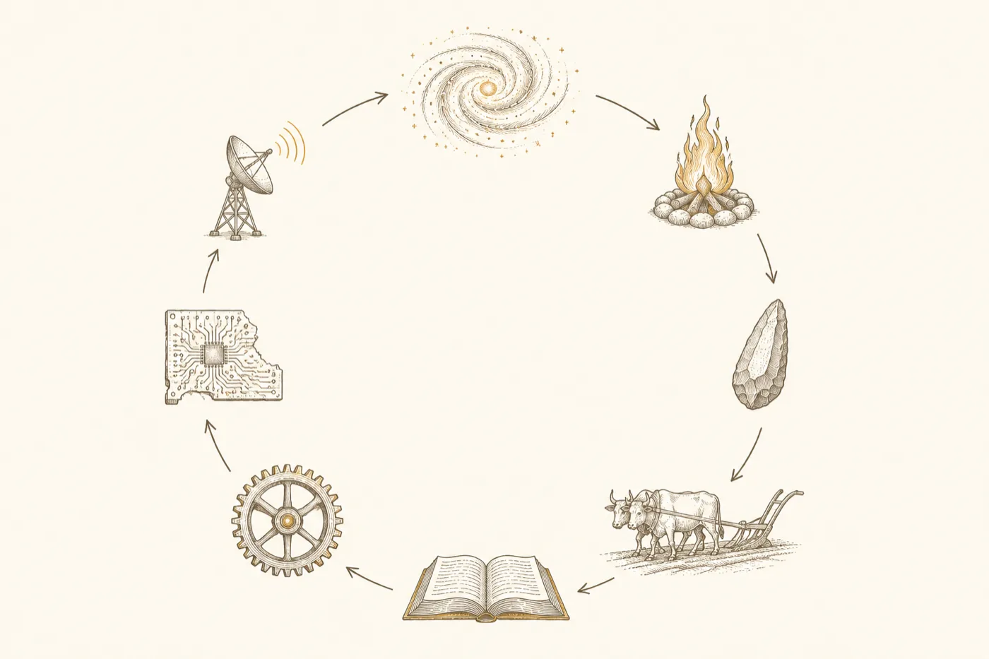 A ring of engraved motifs — a spiral galaxy, a campfire, a flint hand-axe, an ox-drawn plough, an open book, a gear, a circuit board, a radio dish — with arrows carrying the circle round.