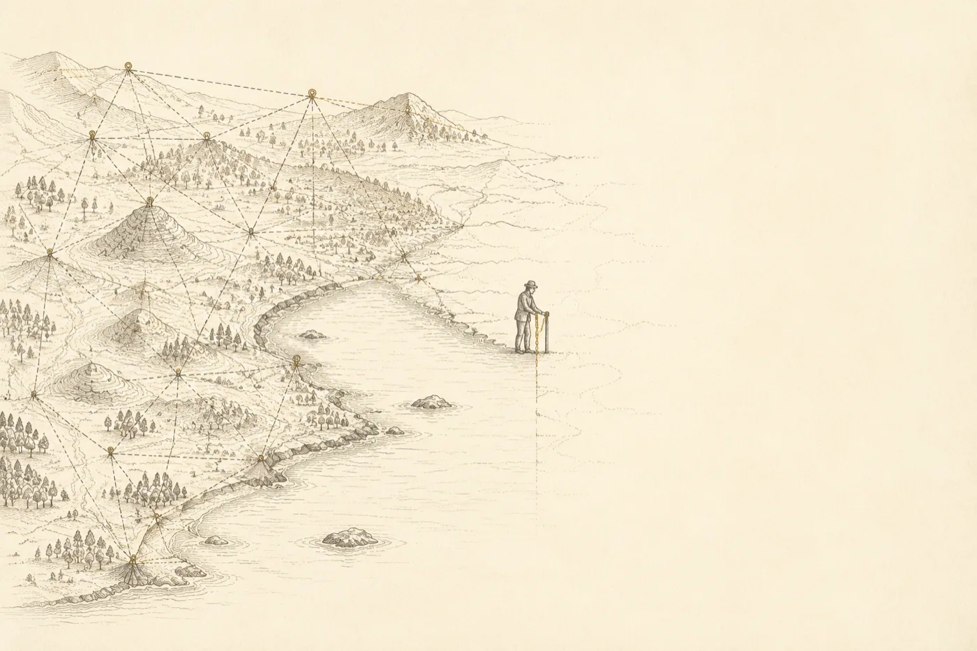 An engraved survey chart, finely drawn with hatched coastline, contoured hills and triangulation lines on the left, thinning and dissolving into blank paper toward the right. A small surveyor with a measuring chain stands exactly where the drawing stops, driving in a marker stake.