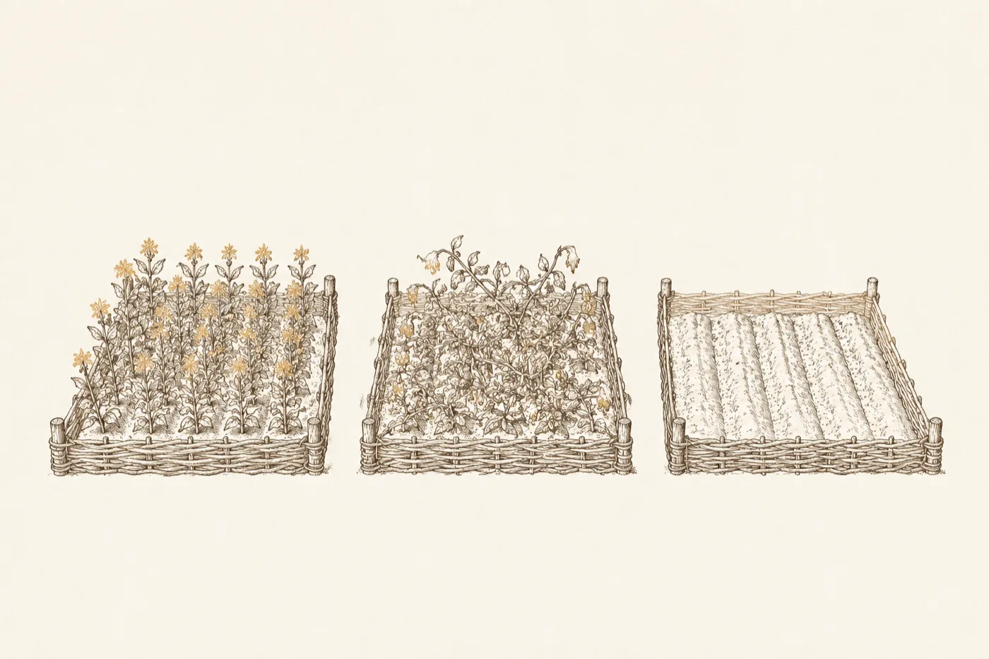 Three engraved garden plots in a row behind low woven fences: the first dense with upright thriving plants, the second tangled and leaning in disorder, the third bare turned soil with nothing growing.